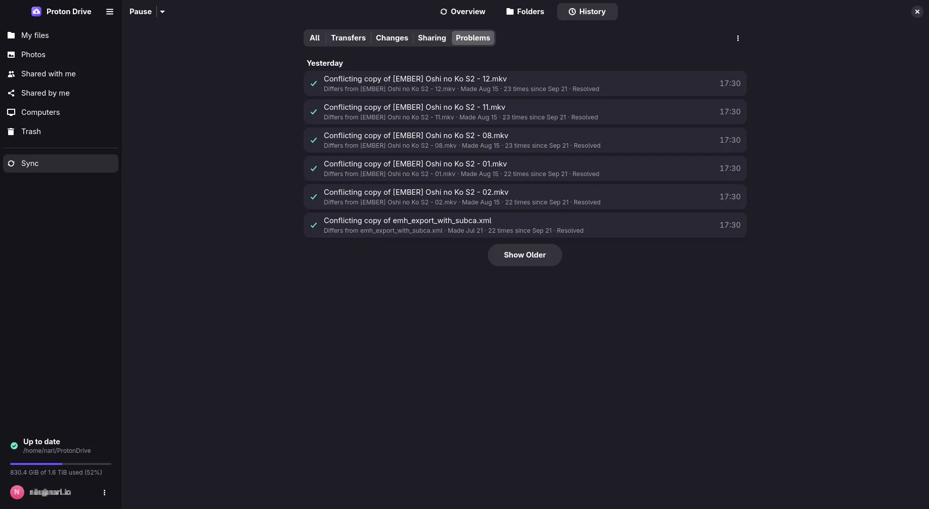 Sync history with resolved conflicts